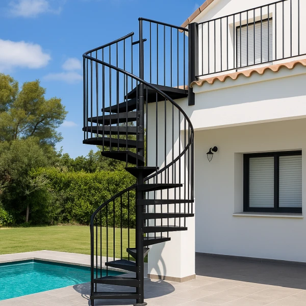 escalera de caracol para exterior de color negro en jardin con piscina