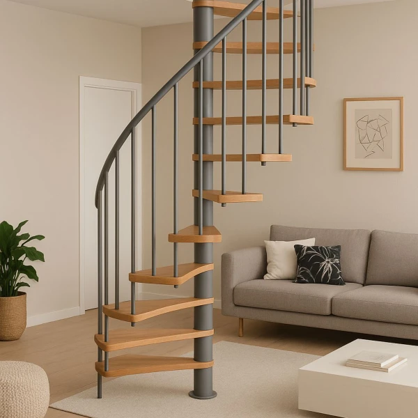 Escalera de caracol para espacios reducidos con peldaños de madera y pasamanos PVC