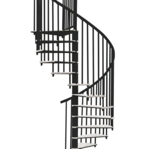 Escalera de caracol negra con peldaños blancos, diseño moderno y compacto ideal para interiores con espacio reducido.
