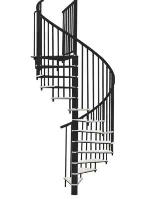 Escalera de caracol negra con peldaños blancos, diseño moderno y compacto ideal para interiores con espacio reducido.
