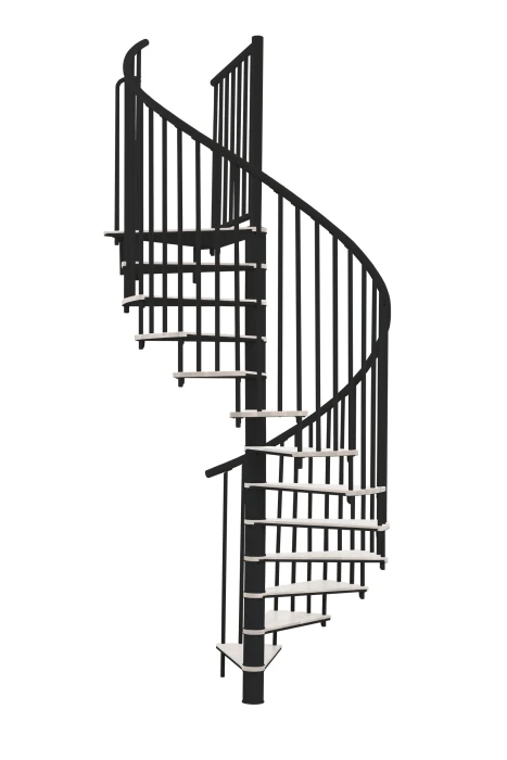 Escalera de caracol negra con peldaños blancos, diseño moderno y compacto ideal para interiores con espacio reducido.