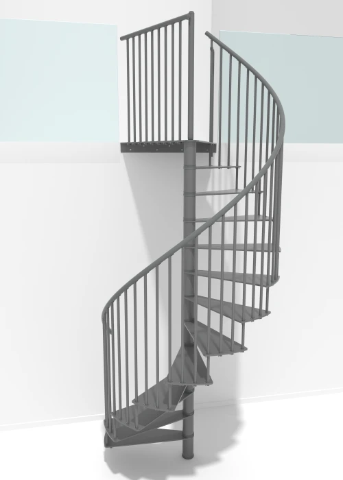 Escalera de caracol gris metálica con estructura modular, diseño versátil ideal para interiores modernos, oficinas o viviendas particulares