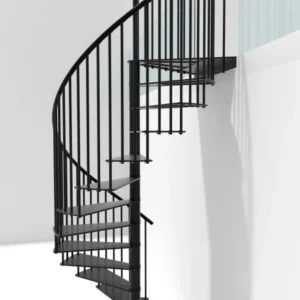 Escalera de caracol negra metálica de diseño moderno, ideal para interiores minimalistas y espacios con acceso a entreplantas.
