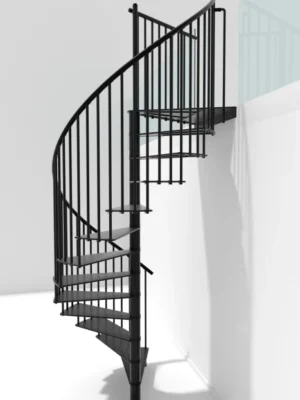 Escalera de caracol negra metálica de diseño moderno, ideal para interiores minimalistas y espacios con acceso a entreplantas.