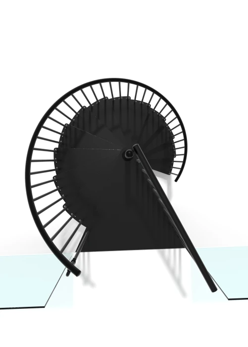 Vista superior de escalera de caracol negra metálica, diseño compacto ideal para entreplantas, altillos y espacios interiores.