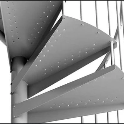 Vista inferior de escalera de caracol metálica blanca con peldaños perforados, diseño robusto y seguro para interiores industriales o comerciales.