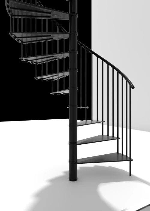 Vista inferior de escalera de caracol negra metálica, diseño contemporáneo con estructura sólida ideal para interiores modernos y elegantes