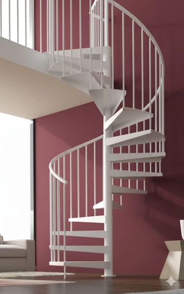 Escalera de caracol blanca metálica en salón moderno, ideal para interiores elegantes con altillo y espacios reducidos.