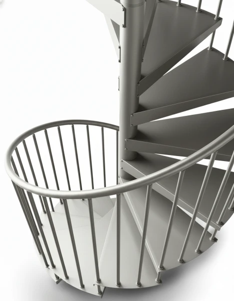 Vista superior de escalera de caracol gris metálica, diseño minimalista y funcional para interiores modernos o espacios industriales