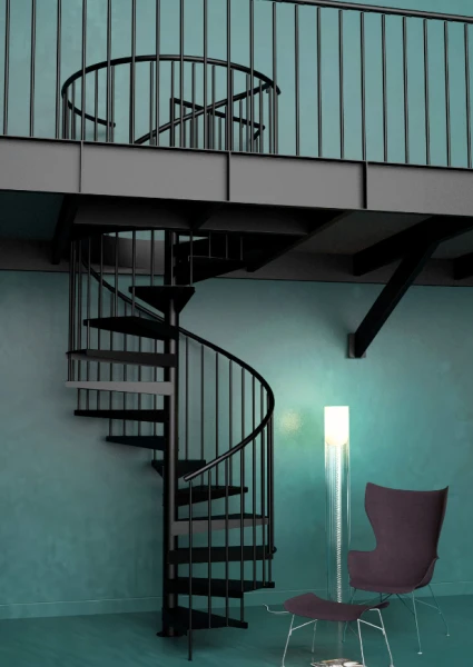Escalera de caracol negra metálica en interior tipo loft, solución elegante para acceso a altillos en espacios modernos y bien iluminados