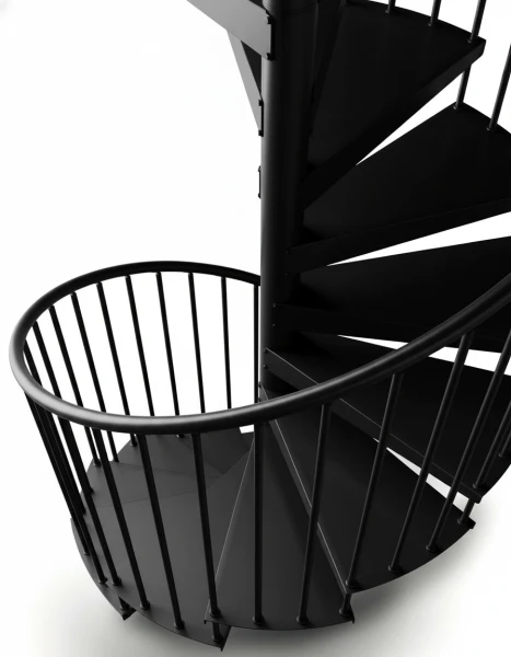 Vista superior de escalera de caracol negra metálica, diseño elegante y compacto para interiores contemporáneos con estilo industrial.
